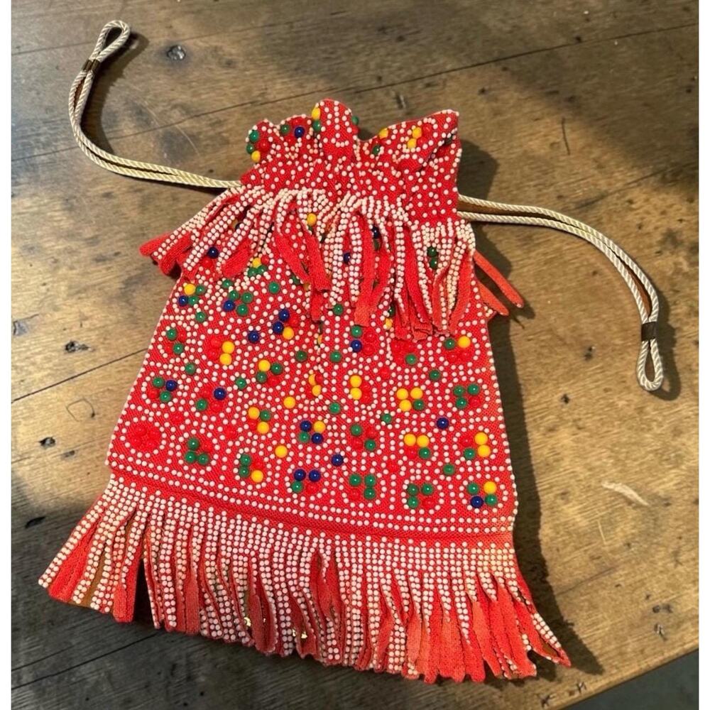 1960s-1970s beaded candy dot drawstring handbag with beaded fringe.